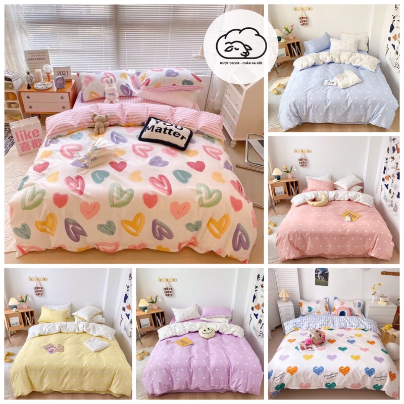 Chăn Ga Gối Đệm ❤️ cotton poly 4 món đủ size đệm họa tiết trái tim miễn phí bo chun nhập khẩu hàn quốc Mượt Decor