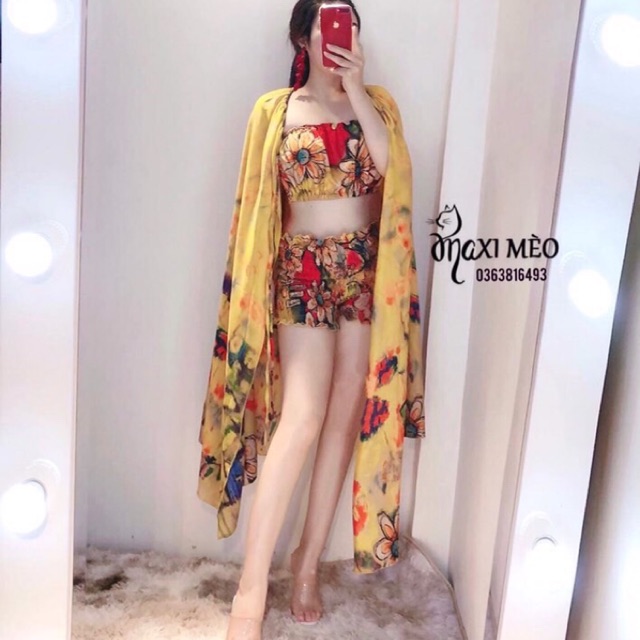 A1111- Set 3 món : áo ống+quần short nhúng+cv cột eo