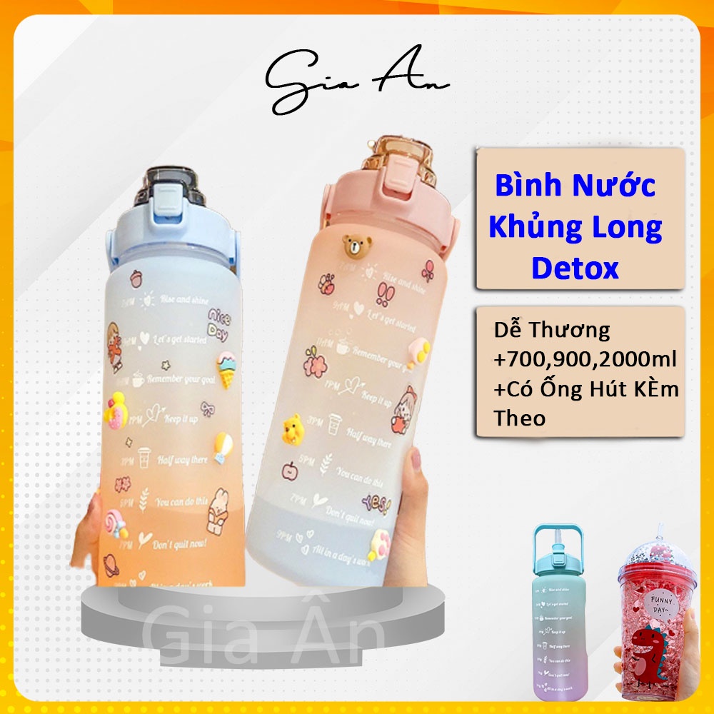 Bình Đựng Nước Khủng Long, Bình Nước Nhựa Trong Suốt, Dễ Thương Có Vạch Báo Giờ Uống Nước 700ml, 2L Gia Dụng Gia Ân