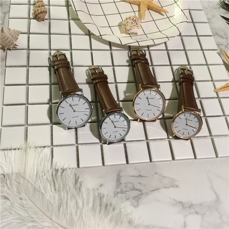 Đồng hồ cặp  thời trang nam nữ viền vàng dây da Geneva doiGE037