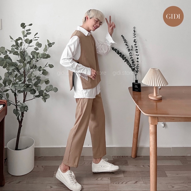 Set áo GILE HARY màu nâu phối áo sơ mi tay dài và quần tây DADDY form rộng phong cách hàn quốc Nam Nữ Unisex