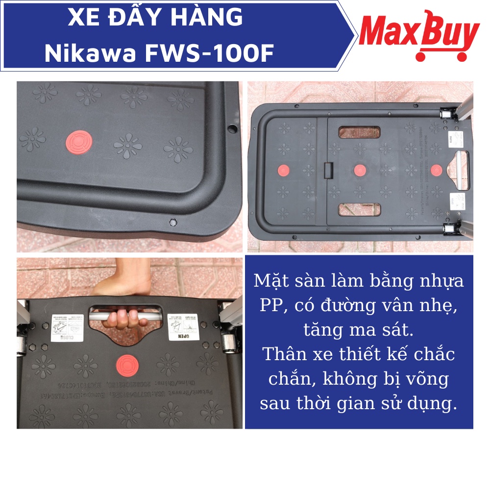 Xe đẩy hàng 4 bánh cao su chống ồn sàn nhựa tay cầm thép có thể thay đổi kích thước Nikawa FWS-100F 100kg hỏa tốc HN