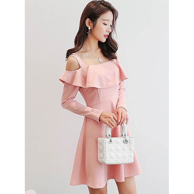 Đầm dự tiệc trễ vai phối bèo sang trọng thời trang nữ dự tiệc dạ hội dạo phố
