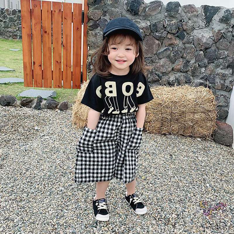 Set Áo Thun Tay Ngắn &amp; Quần Short Caro Cho Bé Gái