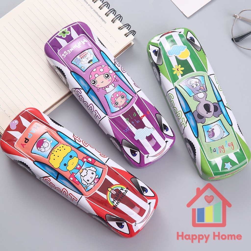 Hộp đựng bút hình ô tô 2 ngăn bằng kim loại cho bé đồ dùng học tập Happy Home