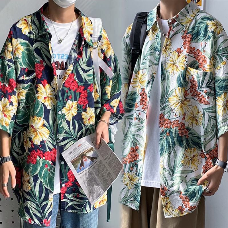 (M ~ 3XL) Áo sơ mi nam Hawaii, phong cách Hồng Kông ngắn, rộng rãi
