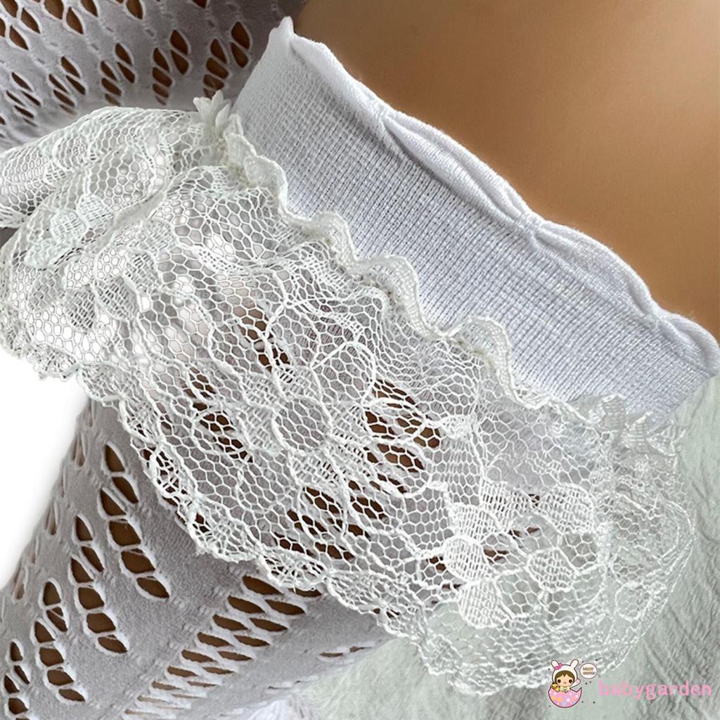 Vớ Cotton Viền Ren Lưới Màu Trơn Thoáng Khí Mùa Hè Có Vòng Tay Co Giãn Màu Đen/Trắng Cho Bé Gái