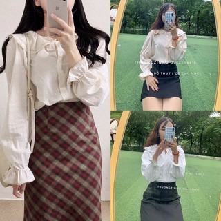 Áo cổ sen tay bồng tiểu thư áo sơ mi trắng nữ