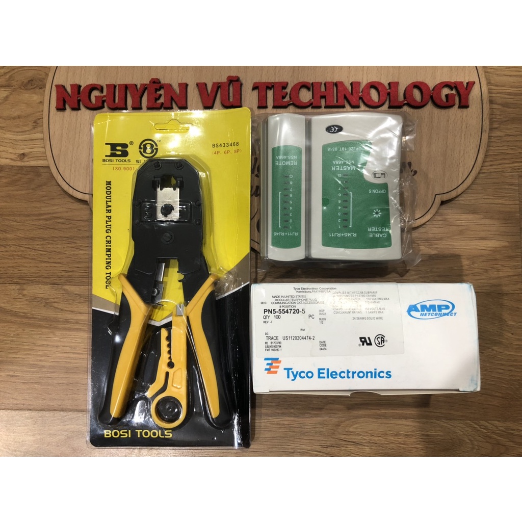 Combo Kìm bấm mạng Bosi vàng đen xịn + Hộp test mạng + Hộp 100 Hạt mạng