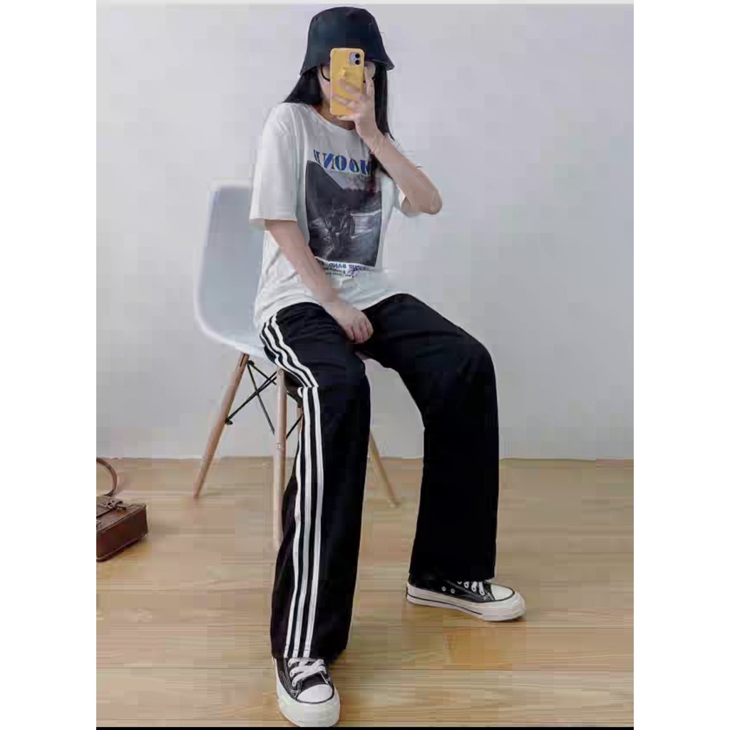 Quần ống rộng thể thao nữ 3 sọc cạp chun thun dây rút gấu màu đen đi học sinh Quần jogger nữ bo gấu dài vải UMÌ hàn dày