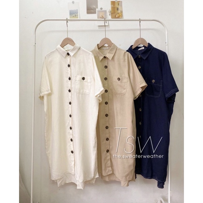 Váy sơ mi viền chỉ nổi-váy cổ bẻ chất thô dáng xuông rộng babydoll