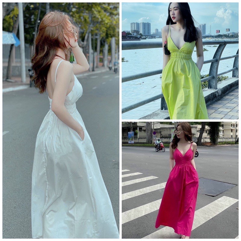 Đầm maxi hai dây nhún eo dáng xòe có mút ngực đi chơi đi biển siêu xinh