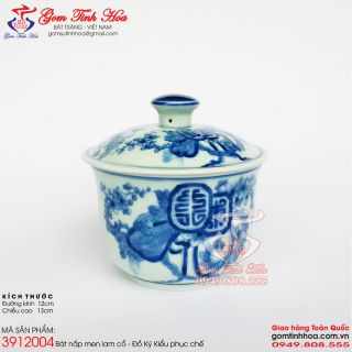 Thố chưng tổ yến men lam cổ vẽ thọ đỉnh