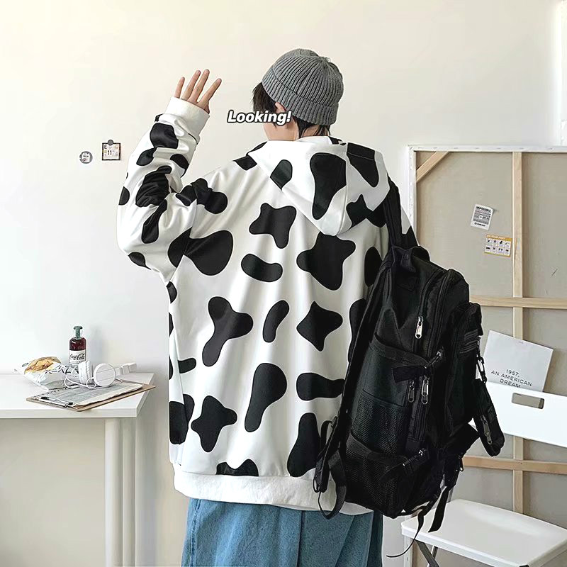 Áo Khoác Khóa Kéo Có Nón In Hình Bò Sữa Thời Trang Dành Cho Nam Và Nữ