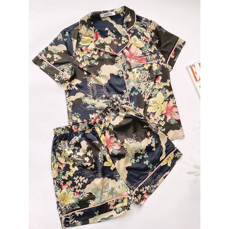 JAPAN SILK - Bộ cộc pijama lụa Nhật họa tiết hoa hồng nền trắng sang chảnh
