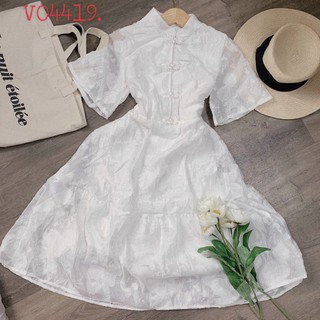 🎀 Đầm trắng gấm xòe cổ sườn xám 💟