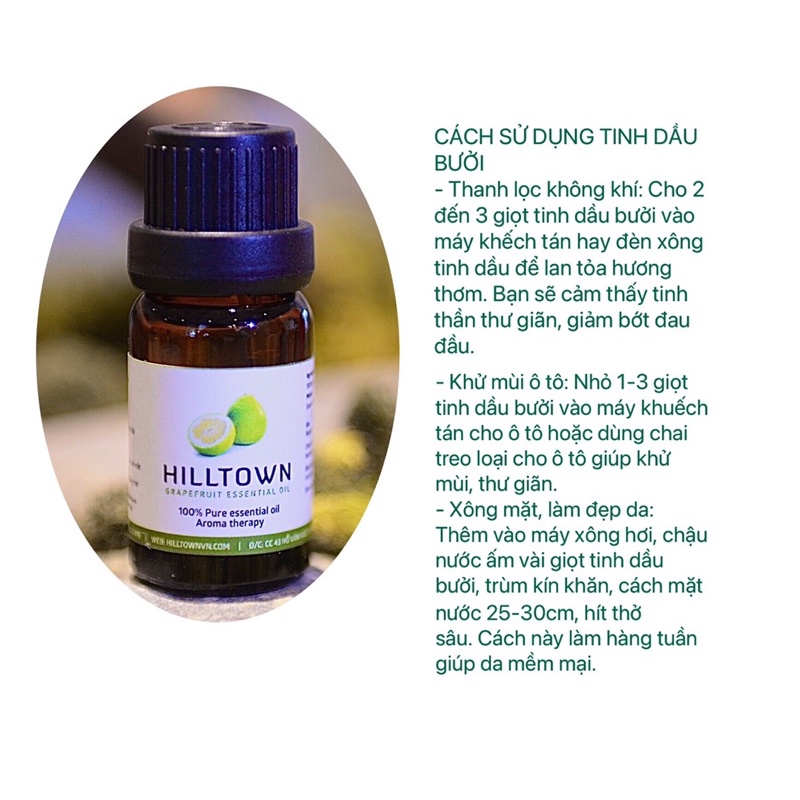 Tinh dầu bưởi da xanh Hiltown, 100% tinh dầu vỏ bưởi nguyên chất 10-50ml