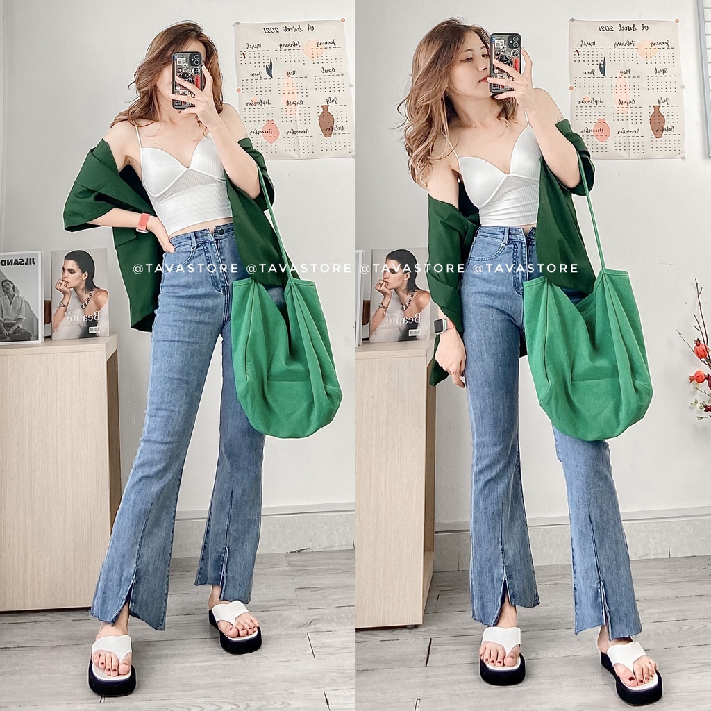 Quần jean loe xẻ xanh