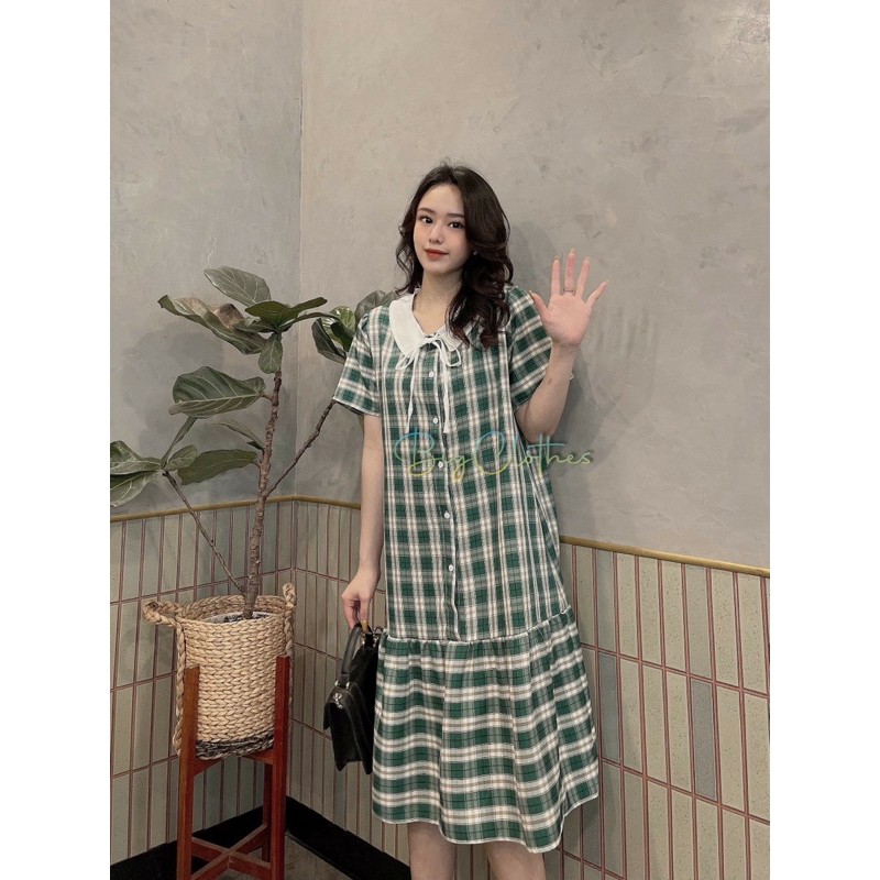 Váy babydoll đầm bigsize kẻ caro xanh họa tiết cổ trắng | BigBuy360 - bigbuy360.vn
