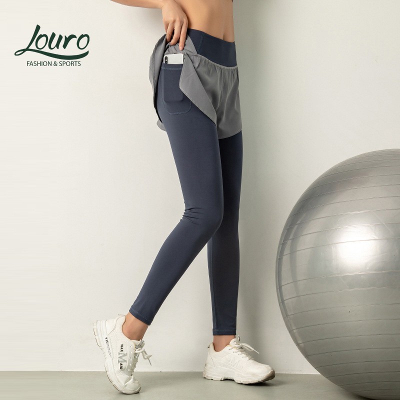 Quần tập gym nữ Louro QL50, kiểu quần tập gym liền quần short nữ tiện lợi, có túi đựng điện thoại bên hông