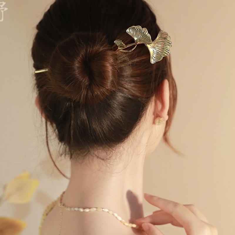 Trâm cài tóc nhánh hoa màu vàng kim loại khí chất trâm búi tóc gọn gàng thanh lịch cho nữ phong cách retro Pháp