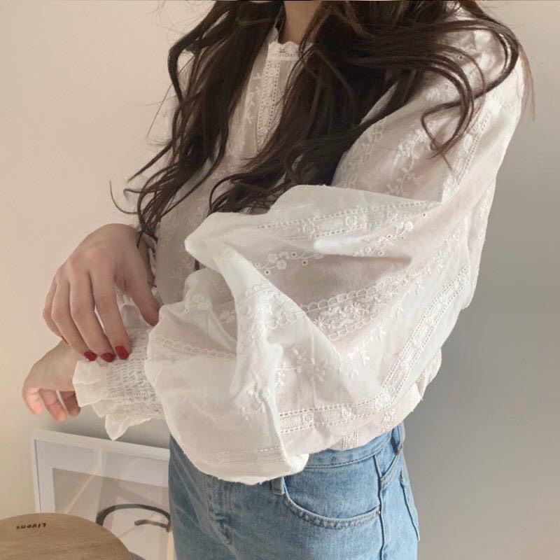 Áo sơ mi ren trắng tay phồng bánh bèo tiểu thư cổ tròn shop Đậu Xinh - 817