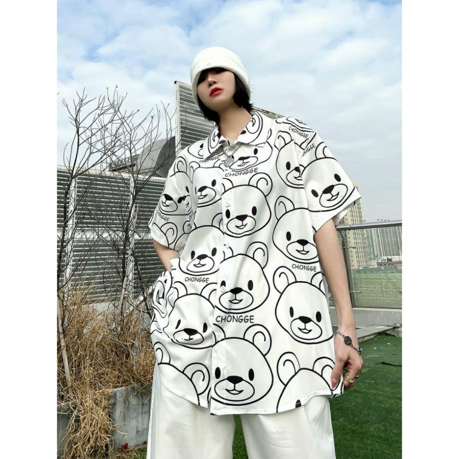 Áo sơ mi nam nữ đều mặc được kiểu tay lỡ form rộng Unisex in hình đầu gấu trắng Chongge cực hot