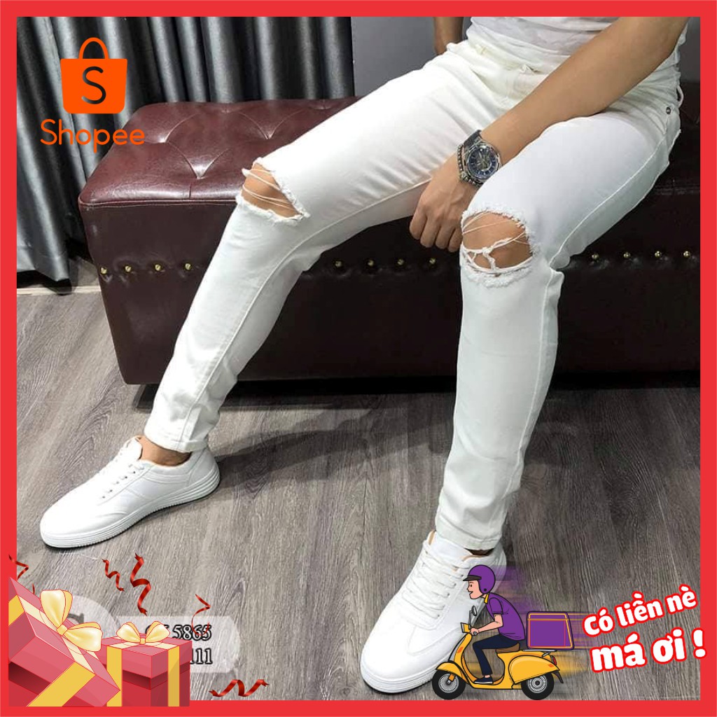 Quần jean nam chất bò rách gối cao cấp thời trang màu đen,trắng mãu mơi AHFASHION | BigBuy360 - bigbuy360.vn