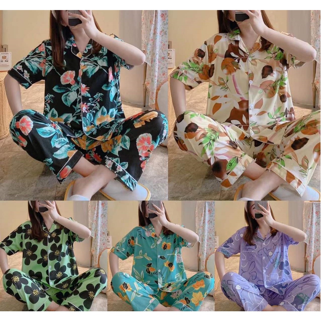 Đồ ngủ Pijama nữ lụa satin cộc tay thoáng mát sexy hoạ tiết cao cấp, bộ ngủ quần dài áo ngắn tay mùa hè -SUM04