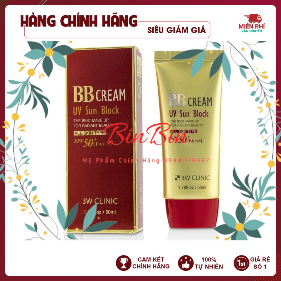 [Hàng Nhập Khẩu] Kem nền trang điểm - Kem che khuyết điểm chống nắng BB Cream UV Sun Block 3W Clinic Hàn Quốc 50ml