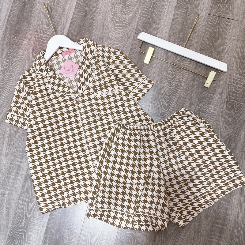 PIJAMA ĐŨI NỮ  - Bộ Cộc Quần Đùi Chất Mềm Thoáng Mát Hoạ tiết kẻ Ô, Đồ Mặc Nhà Nữ