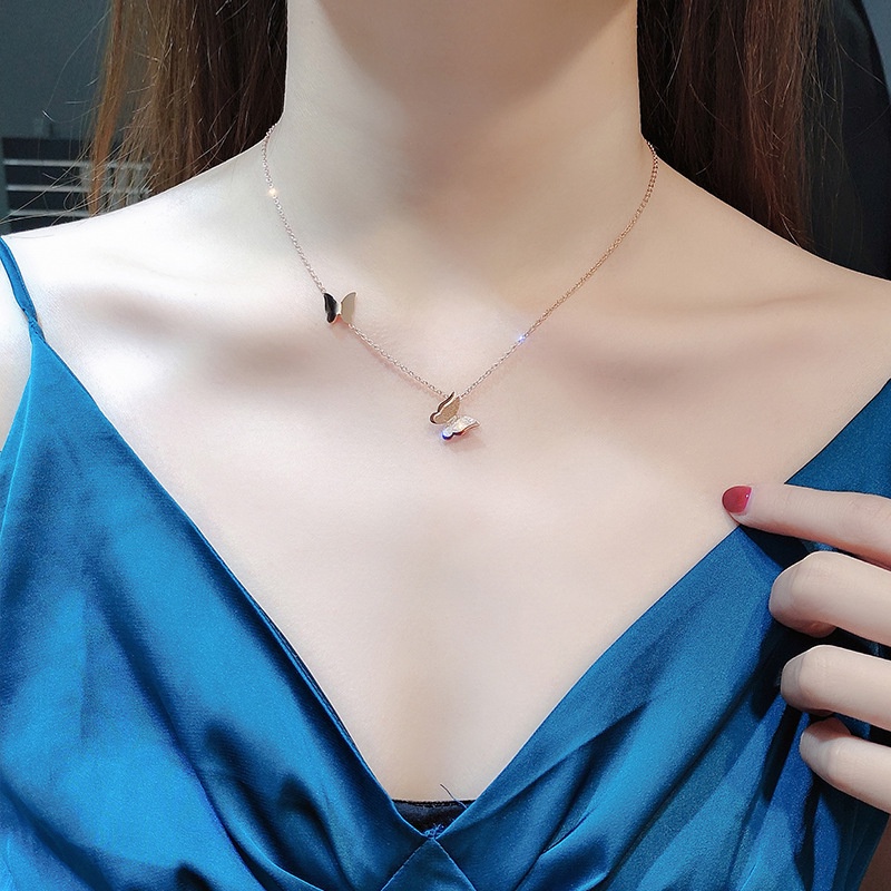 Dây Chuyền Hai Lớp Bằng Thép Titan Màu Vàng Hồng Mặt Hình Bướm Đơn Giản Thời Trang Cho Nữ 9KPQ