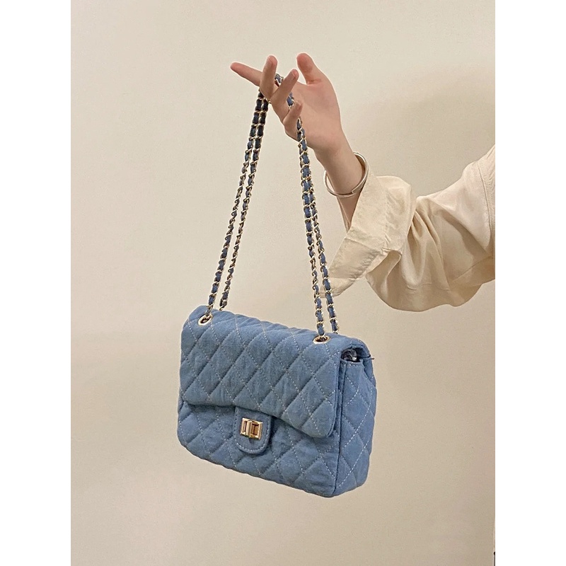 Túi Đeo Chéo Vải denim Họa Tiết Hình Thoi Phong Cách Cổ Điển Dành Cho Nữ