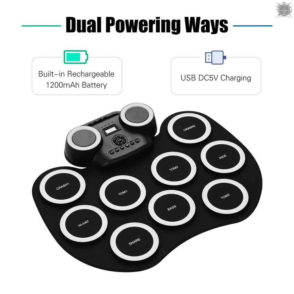 T&P Portable Roll-up Electronic Drum Pad Silicon Digital Drum with Built-in Speakers Foot Pedals Headphone Monitoring Built-in Battery