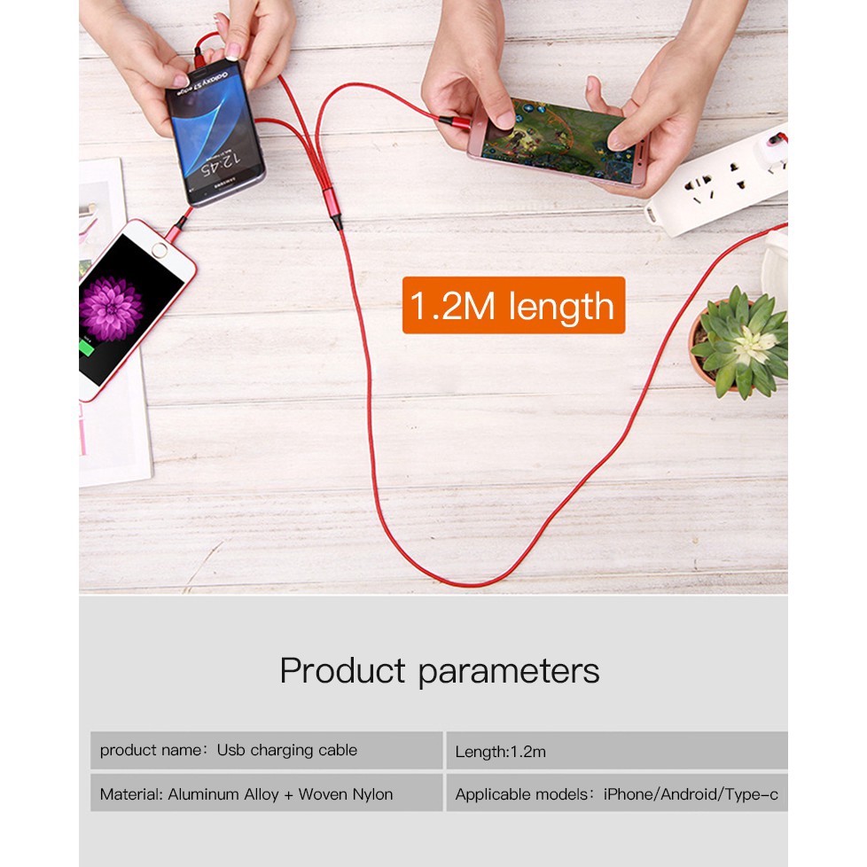 Cáp sạc đồng bộ dữ liệu USB type C 3 trong 1 cho Samsung Xiaomi
