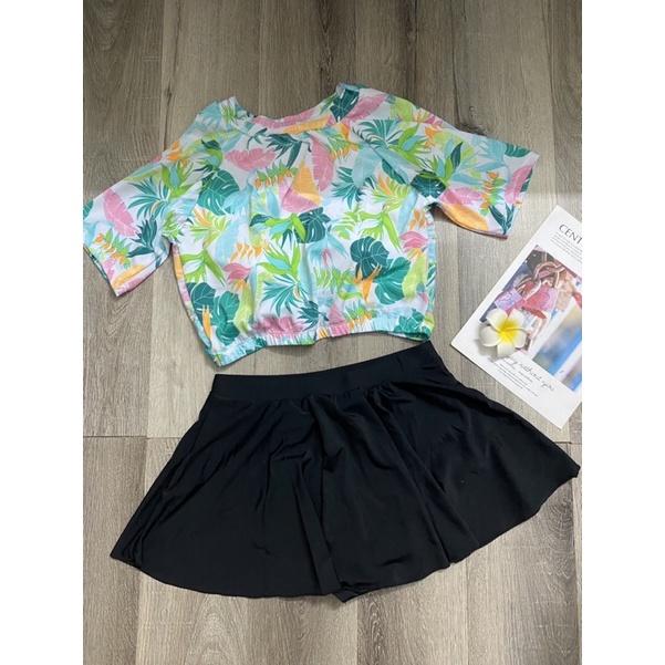 Đồ bơi nữ big size kín đáo- Bikini đi biển tay ngắn áo croptop váy xoè- shopnabi