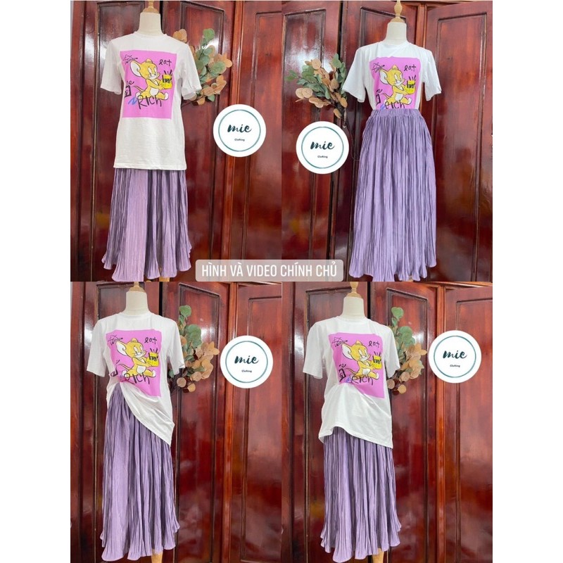 Set áo thun cô gái trắng mix chân váy xếp ly trendy quốc dân nhiều màu nổi hồng tím xanh vàng đen | BigBuy360 - bigbuy360.vn