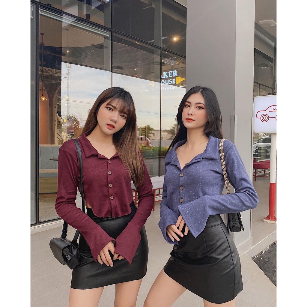 Áo croptop nữ polo nút tay dài trơn chất liệu thun gân co giãn I Hhvintage