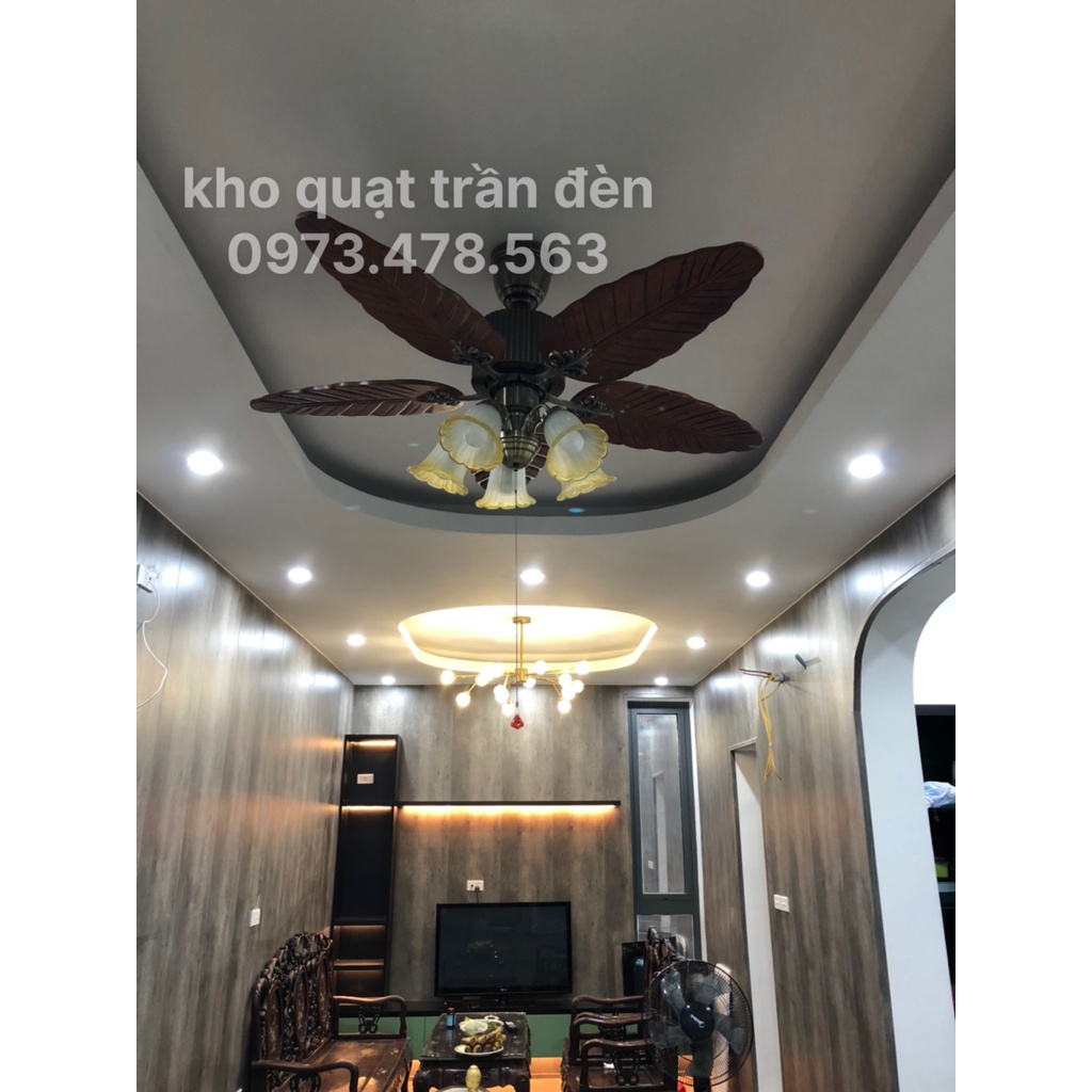 Quạt trần có đèn 5 chao cánh gỗ hình lá cây decor phòng khách biệt thự nhà hàng khách sạn,remote từ xa