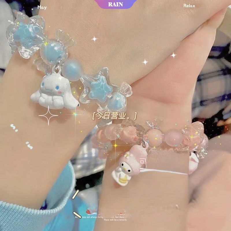 SANRIO Vòng Tay Màu Kẹo Ngọt Họa Tiết Hoạt Hình Cinnamoroll Dễ Thương Có Chuông Cho Nữ