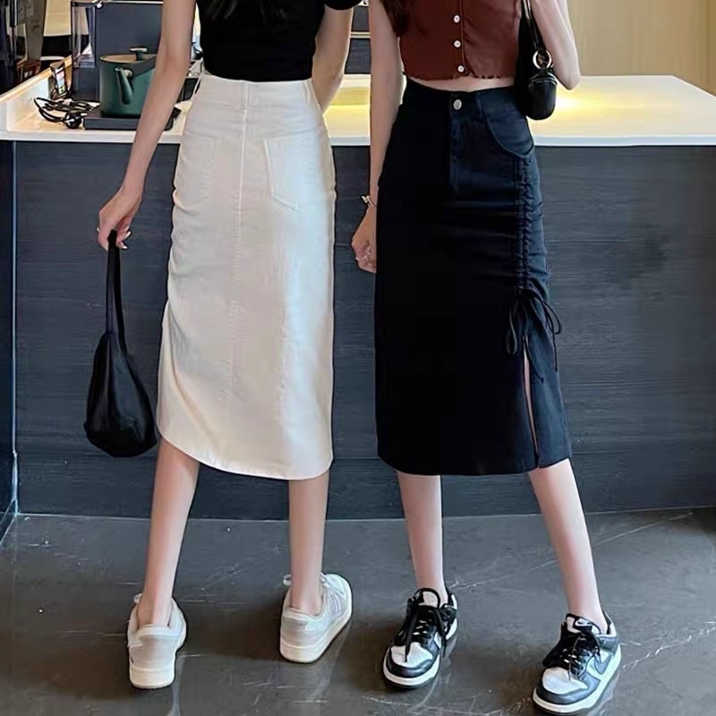 Chân váy Kaki thô dài dây rút dáng midi trơn