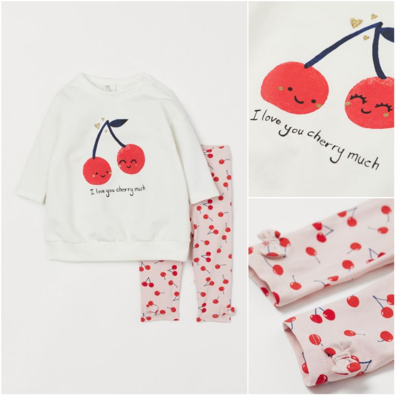 Set áo váy cherry dạng nỉ kèm quần legging HM Chi.na sz 6-9m, 9-12, 1.5-2y