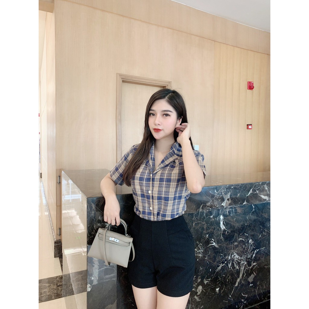[FASHIONRUN19 - FASHIONHOT19] Áo Sơ Mi Nữ Đẹp Tay Ngắn Kẻ Caro Tím Oliu A22, Áo Sơ Mi Kiểu Hàn Quốc - Mindesign | BigBuy360 - bigbuy360.vn
