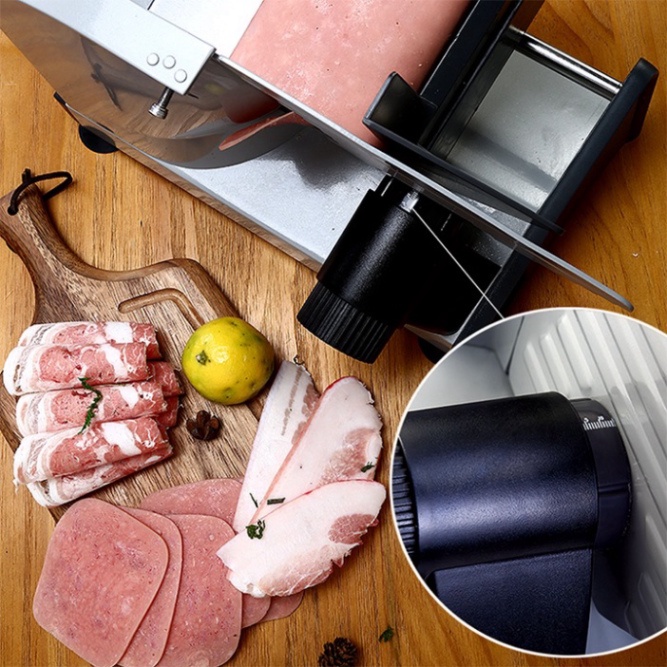 Máy thái thịt, rau củ - Máy cắt thịt đông lạnh bán tự động chỉnh độ dày 0.5-15mm.