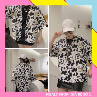 Áo sơ mi form rộng tay lỡ MOO MILK Unisex nam nữ hoạt hình bò sữa đen trắng