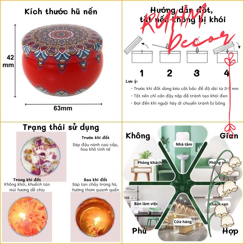 Nến thơm hoa khô thiên nhiên làm từ sáp đậu nành thanh lọc không khí khử mùi hôi decor trang trí nhà cửa spa homestay