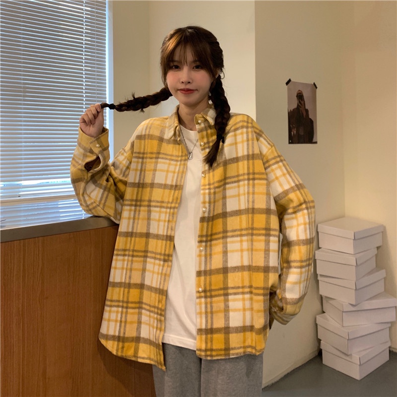 Áo sơ mi tay dài dáng rộng họa tiết caro phong cách Hàn Quốc thời trang cho nữ