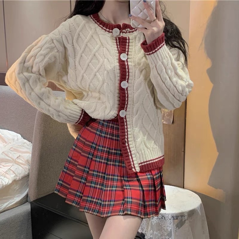 Áo len Cardigan 2 màu trắng đỏ siêu xinh