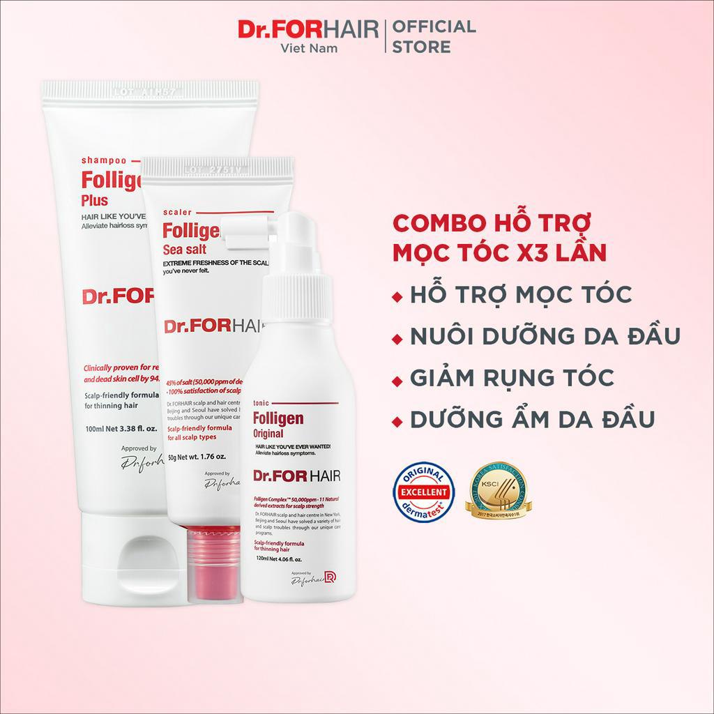 Combo chăm sóc tóc, giảm tóc rụng, kích mọc tóc, tẩy tế bào tóc của Dr.FORHAIR Folligen Plus x Tonic x Sea Salt Scaler