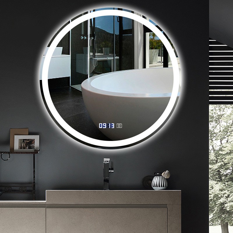 Gương tròn đèn led_ vigo house_có cảm ứng và đồng hồ led